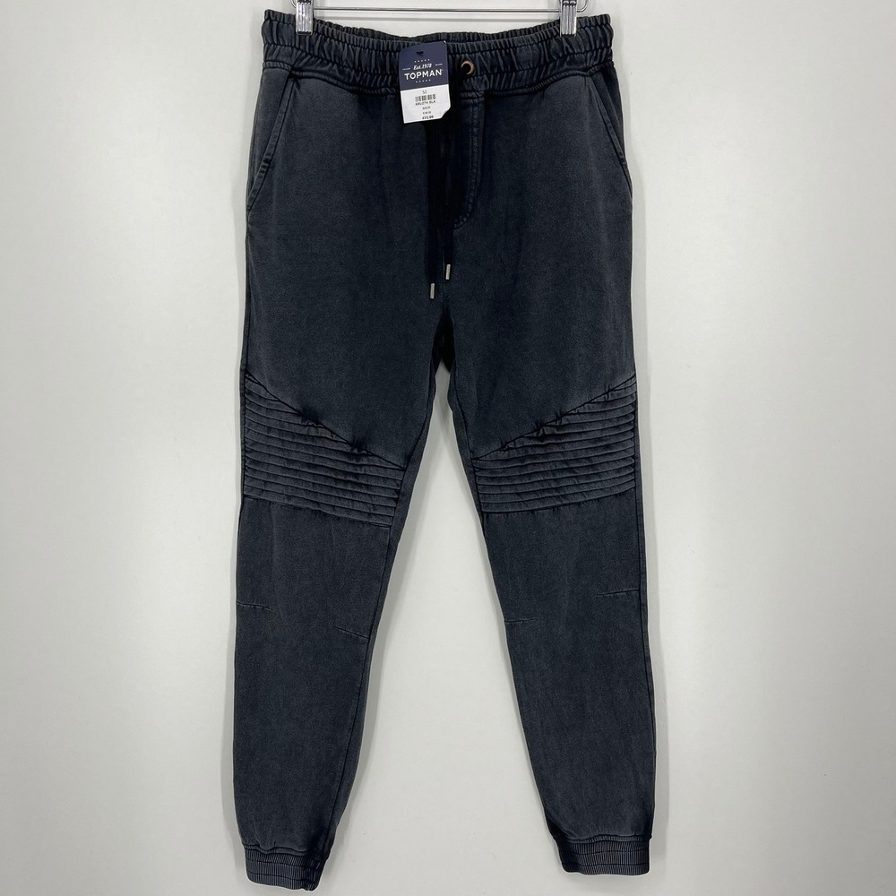 Topman Mens Washed Black Moto Ribbed Knee Joggers Size M New NWT
